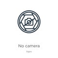 No camera icon. Thin linear no camera outline icon isolated on white background from signs collection. Line vector sign, symbol Royalty Free Stock Photo