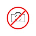 NO CAMERAS ALLOWED sign. Flat icon in red circle