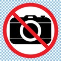 No cameras allowed sign. Red prohibition no camera sign. No taking pictures, no photographs sign.