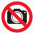 No cameras allowed sign. Red prohibition no camera sign. No taking pictures, no photographs sign.