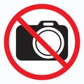 No cameras allowed sign. Red prohibition no camera sign. No taking pictures, no photographs sign.