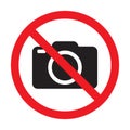 No cameras allowed sign. Red prohibition no camera sign. No taking pictures, no photographs sign.