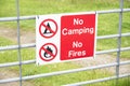 No camping no fire sign on entrance gate Royalty Free Stock Photo