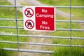 No camping no fire sign on entrance gate Royalty Free Stock Photo