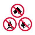 No camping, No fire and No open flames red prohibition signs.