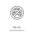 no car icon vector from signal and prohibitions collection. Thin line no car outline icon vector illustration. Linear symbol for