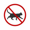 No cats allowed icon. Pets walking ban zone pictogram. Kitten prohibited symbol. Feline silhouette in red forbidden sign