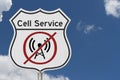No Cell Service message on white highway stop sign