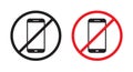 No cellphone area sign icon. Turn off smartphone symbol. Mobile phone barring vector