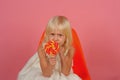 No child can resist these exciting yummy treats. Small girl hold lollipop on stick. Small child with sweet lollipop Royalty Free Stock Photo