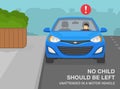 No child should be left unattended in a motor vehicle. Kid sitting in front driver`s seat. Parked car at curb.