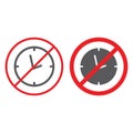 No clock line and glyph icon, prohibited and ban, no time sign, vector graphics, a linear pattern on a white background. Royalty Free Stock Photo