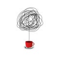 No creativity complicated inspiration after drinking coffee illustration. a cup with messy line come out symbol. tangled scribble