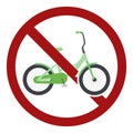 No cycling. Flat cartoon bike in a prohibition sign. Two wheeled transport on the road is prohibited. Vector badge Royalty Free Stock Photo