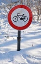 No cycling traffic sign in the snow winter time Royalty Free Stock Photo