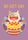 No diet day card with cat, cake, party hat. The kitty opened his mouth to eat the birthday pie with a fork and spoon. Vector