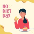 No diet day. Woman brunette eating donut and cake