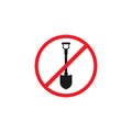 No digging vector icon. It is forbidden to dig sign. Shovel in red crossed circle. Icon isolated on white Royalty Free Stock Photo