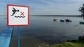 No Diving sign at beach, lake Naroch, Belarus. Warning sign of shallow water. Warning notice sign do not jump in water Royalty Free Stock Photo