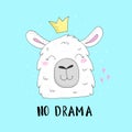 No drama card with Cute hand drawn funny llama. vector print