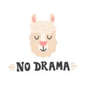 No drama. Lama head and hand drawn quote. Cute animal face character for greeting cards, posters, logo, labels.