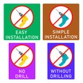 No drill, without drilling, easy installation, simple installation icon with power drill symbol. Crossed out vector clipart.