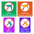 No drill, without drilling, easy installation, simple installation icon with power drill symbol. Crossed out vector clipart.