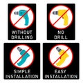 No drill, without drilling, easy installation, simple installation icon with power drill symbol. Crossed out vector clipart.