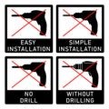 No drill, without drilling, easy installation, simple installation icon with power drill symbol.