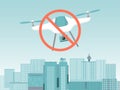 No drone concept banner, modern quadcopter gadget stop fly under urban city landscape flat vector illustration