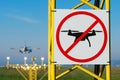 No drone zone sign on approach lighting system at runway. Airport airspace perimeter prohibition drones