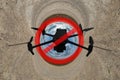 No drone zone sign concept for banning the use of drones in airspace. drone silhouette in red circle with crossed out stripe on