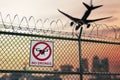 No drone zone sign near airport warning about restricted no fly area. 3D rendered illustration. Royalty Free Stock Photo
