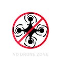 No drone zoneicon in black. No quadcopter sign. Uav logo. Vector EPS 10. Isolated on white background