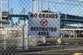 No Drones sign at Los Angeles harbor industrial site