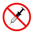 No drugs allowed icon on white background. no needles warning sign. no syringe symbol. medical syringe icon in red circle Royalty Free Stock Photo