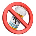 No drugs concept. Sign forbidden with medical bottles full drugs Royalty Free Stock Photo