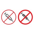 No drugs line and glyph icon, prohibited and forbidden, no syringe sign, vector graphics, a linear pattern on a white Royalty Free Stock Photo
