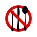 No eating allowed sign. Red prohibition no food sign. Do not eat forbidden round sign. Vector illustration