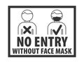 No entry without face mask. Silhouette person with mask over their face and silhouette person without mask in gray. Prevent COVID