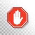 No entry hand sign on transparent background. Red stop sign icon with hand palm. Road sign. Traffic regulatory warning Royalty Free Stock Photo