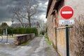 No entry road sign in small french village, except residents sauf riverain