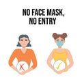 No face mask, no entry banner clipart. Girl with mask, check mark and cross. Quarantine covid-19, health, pandemic