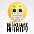 No face mask smiley emoji vector signage. No face mask no entry text with emoji face mask for covid-19 coronavirus instruction. Royalty Free Stock Photo
