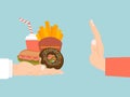 No fast food sign, propaganda banner, hand rejection from junk food isolated on blue, flat vector illustration. Healthy