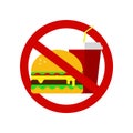 No fastfood sign. prohibited hamburger and cola. Proper nutrition, food healthcare.Unhealthy products, icon, logo of NO fastfood.