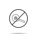 No fing bug, magnidier, search icon. Simple thin line, outline vector of web design development ban, prohibition, embargo,