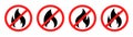 No fire restriction. No fire flame icon in red circle. Fire symbol in black. Red fireball sign. No campfire symbol. Flame vector. Royalty Free Stock Photo