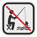 No fishing sign, advice, gray frame, black silhouette, fisher with rod and fish, vector icon, symbol, eps. Royalty Free Stock Photo