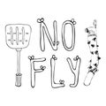 No fly. Hand drawing collocation with fly swatter and trap adhesive tape. Sketch letters are decorated with small wings. Vector